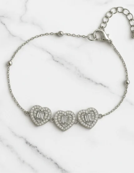 925 ayar gümüş üçlü kalp taşlı kadın bileklik