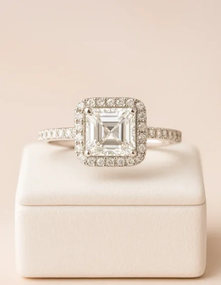 Asscher Kesim Zirkon Tektaş Kadın Yüzük – bej fonda şık sunum