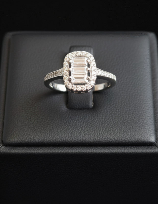 Silver 925 baget zirkon halo kadın yüzük – siyah deri takı standı üzerinde lüks çekim | FitLiva