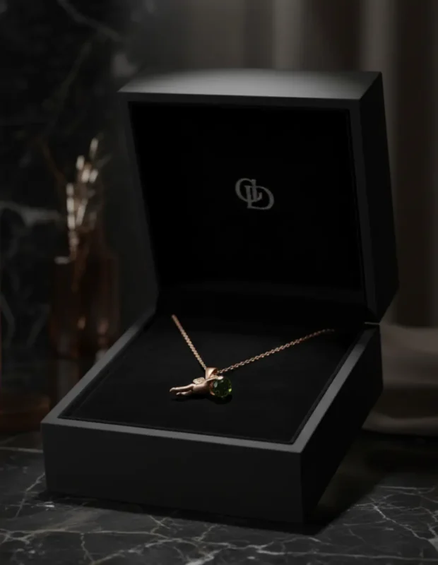 Lüks siyah kutu içinde sunulan aşk meleği figürlü yeşil taşlı kolye.
