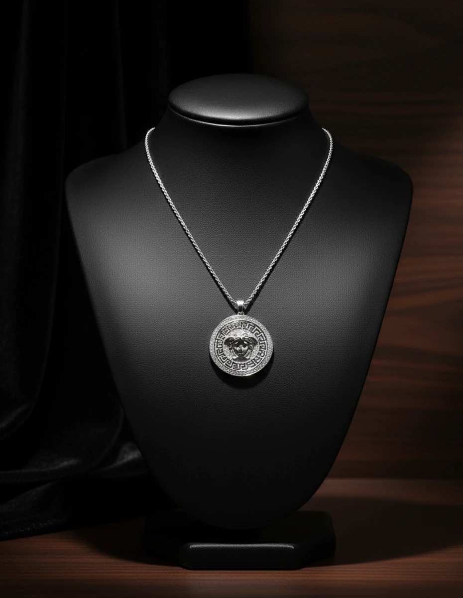 Silver 925 Antik Medusa Desenli Madalyon Kadın Kolye | FitLiva Silver 925 Medusa madalyon kolye – manken standında